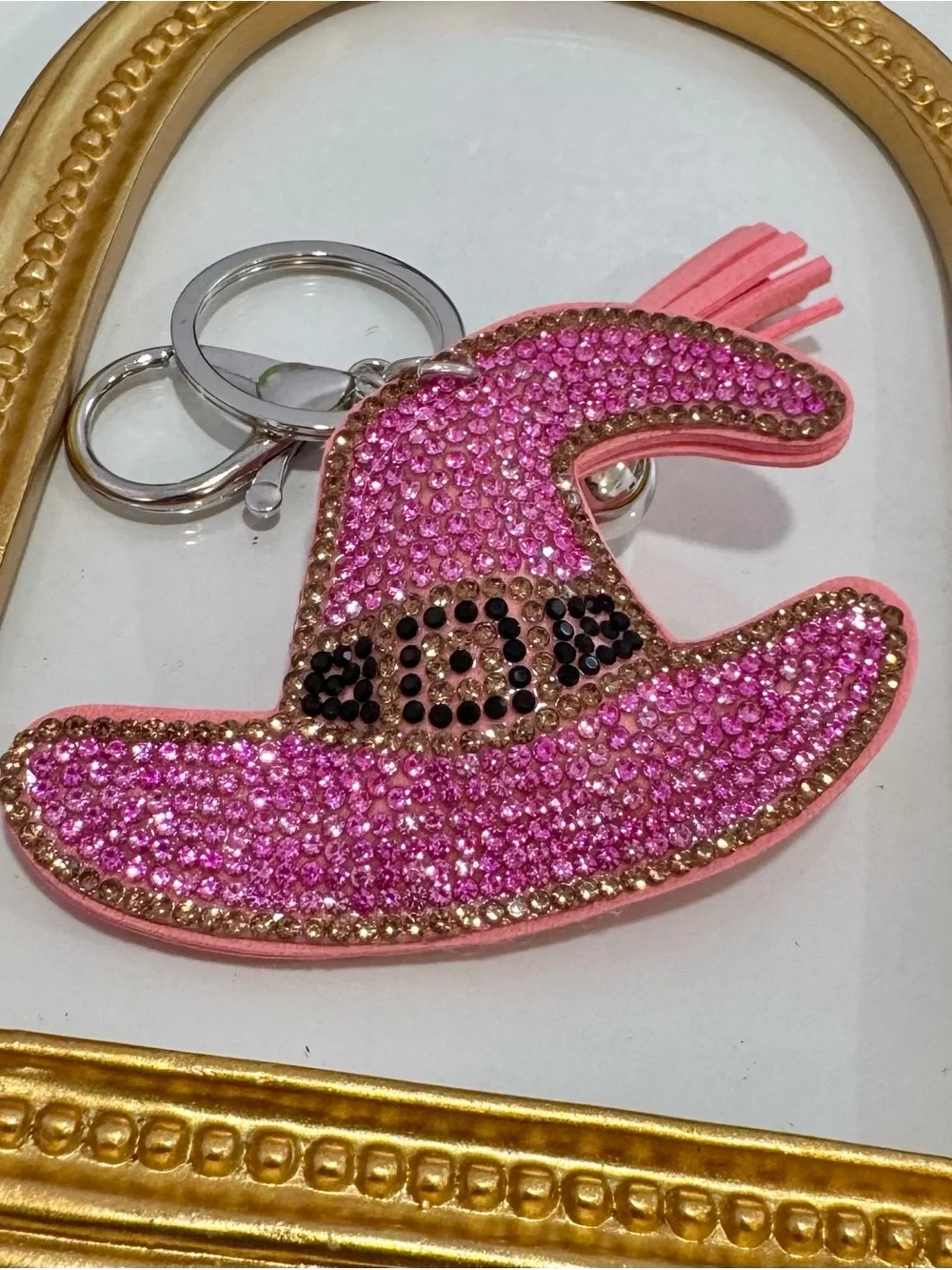 New Pink Crystal Witch Hat Keyring Charm with Tassel